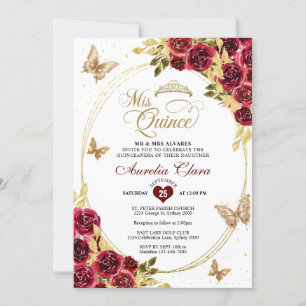 Floral Red Gold Tiara Butterfly Mis Quinceañera Invitation