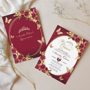 Floral Red Gold Tiara Butterfly Mis Quinceañera Invitation