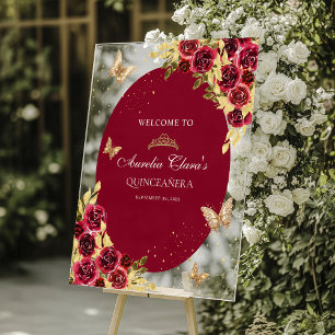 Floral Red Gold Tiara Butterfly Quinceañera Acrylic Sign