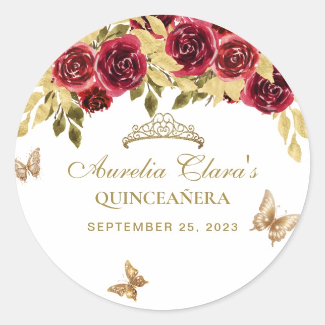 Floral Red Gold Tiara Butterfly Quinceañera Classic Round Sticker (Front)