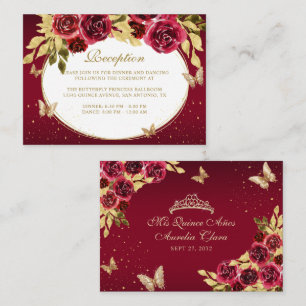 Floral Red Gold Tiara Butterfly Quinceañera Enclosure Card