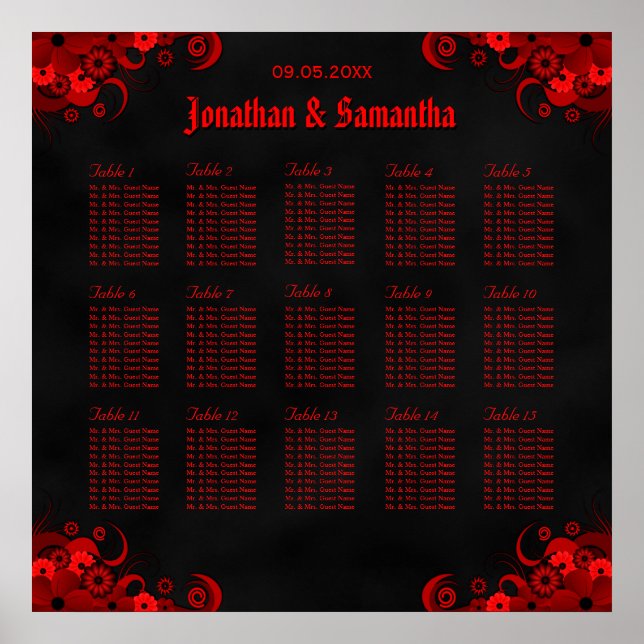 Floral Red Goth 15 Wedding Tables Seating Chart (Front)