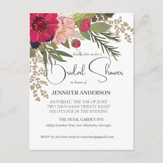 Floral Red Green Bridal Shower Invitation Postcard (Front)