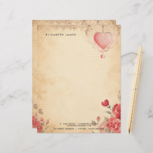 Floral Red Heart Vintage Valentines Day Personised Custom Letterhead