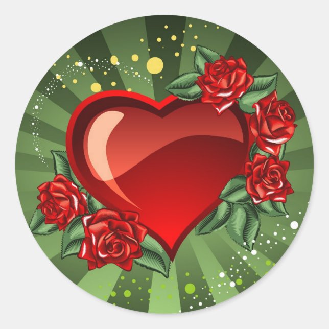 Floral Red Hearts & Roses Green Stripes Wedding Classic Round Sticker (Front)
