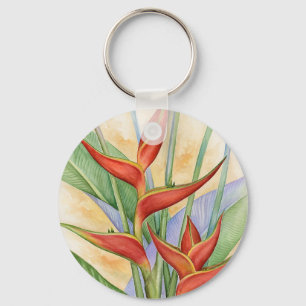 Floral Red Heliconia Tropical Flowers Painting Key Ring