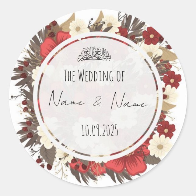 Floral red Islamic wedding favour stickers  (Front)