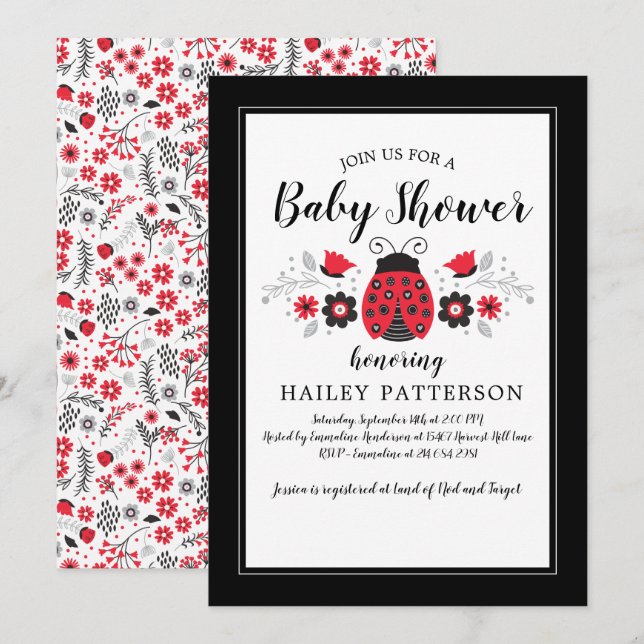 Floral Red Ladybug Baby Shower Invitation (Front/Back)