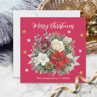 Floral Red Merry Christmas Family Name Holiday Card