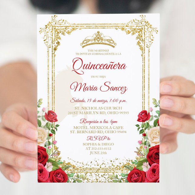 Floral Red Mexican Girl Crown Sweet 15th Birthday Invitation (Creator Uploaded)