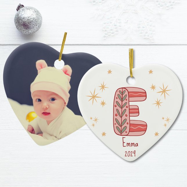 Floral Red Modern Initial Stars Ceramic Tree Decoration (Heart First Christmas Baby Girl with Initial E Ceramic Ornament)