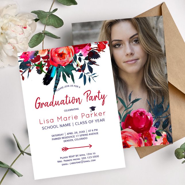 Floral red navy bouquet PHOTO graduation party Invitation (Creator Uploaded)