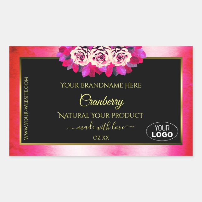 Floral Red Pink Marble Black Product Labels Logo (Front)