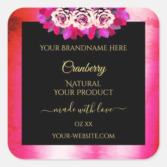 Floral Red Pink Marble Pattern Black Product Label (Front)