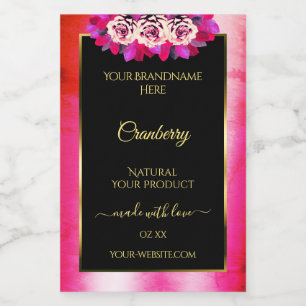Floral Red Pink Marble Pattern Black Product Label