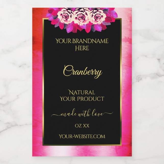 Floral Red Pink Marble Pattern Black Product Label (Single Label)