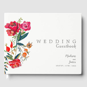 Floral red pink roses Wedding Guest Book