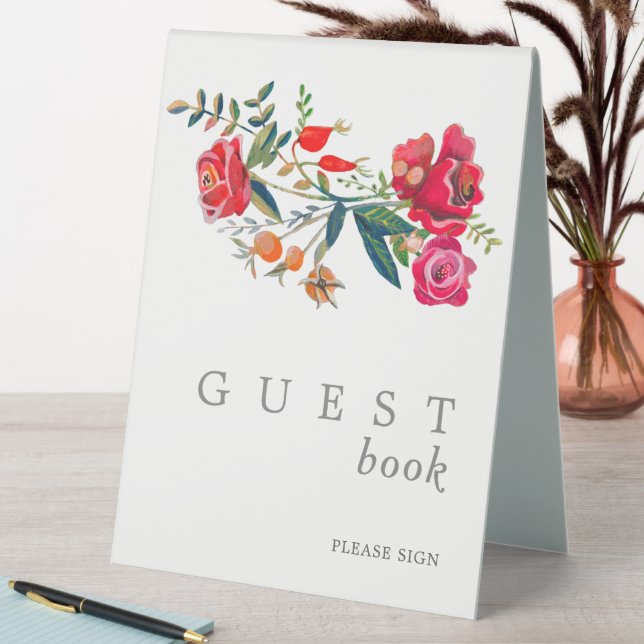 Floral red pink roses Wedding Guest Book (In SItu (Table))