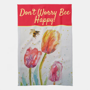 Floral Red Pink Tulip Don't Worry Bee Happy Tea Towel