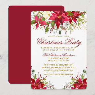 Floral Red Poinsettia Gold Glitter Christmas Party Invitation