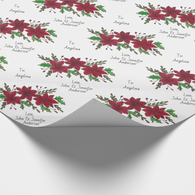 Floral Red Poinsettia Holiday Custom To and From Wrapping Paper (Corner)