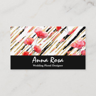 *~* Floral Red Poppy Black Glitter Foil White Chic Business Card