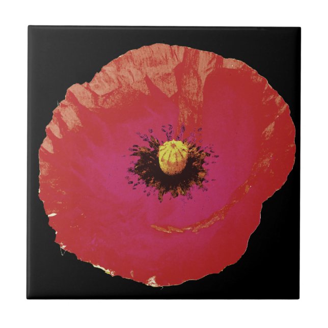 Floral Red Poppy Flower Black Colourful Modern Tile (Front)