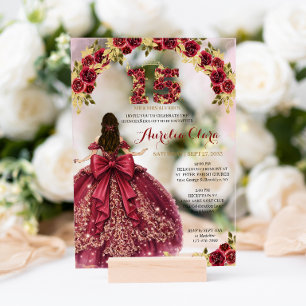 Floral Red Princess Dress Coquette Quinceanera Acrylic Invitations
