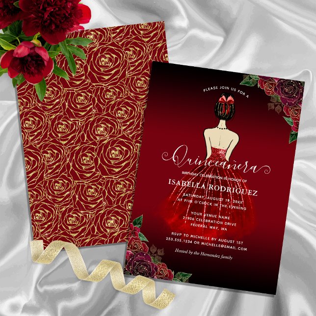 Floral Red Princess Gold Birthday Quinceañera Invitation (Floral Red Princess Gold Birthday Quinceañera Invitation)