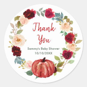 Floral Red Pumpkin Baby Shower Thank You Classic Round Sticker