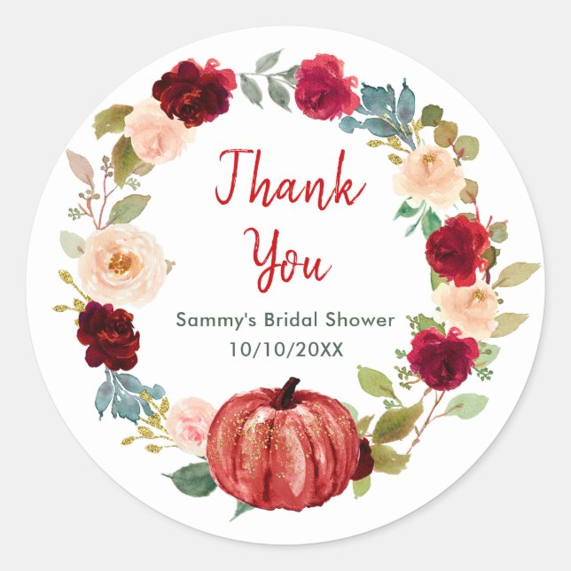 Floral Red Pumpkin Bridal Shower Thank You Classic Round Sticker (Front)