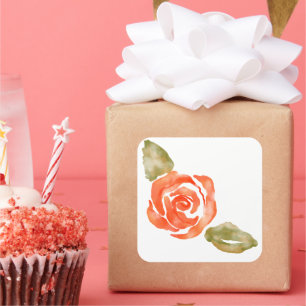 Floral red rose blossom , watercolor illustration square sticker