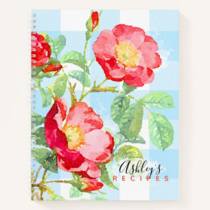 Floral Red Rose Blue Buffalo Plaid Monogram Recipe Notebook