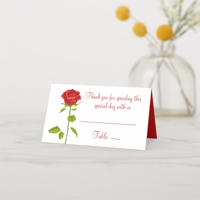 Floral Red Rose Flower Wedding Roses Botanical Place Card (Front)