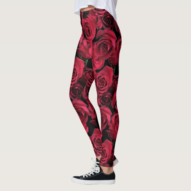Floral Red Rose Garden Flowers Leggings (Left)