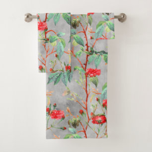 Floral Red Rose Watercolor Gray Bath Towel Set
