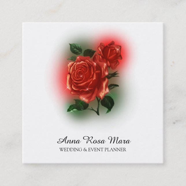 *~* Floral Red ROSE Wedding Planner Elegant QR  Square Business Card (Front)
