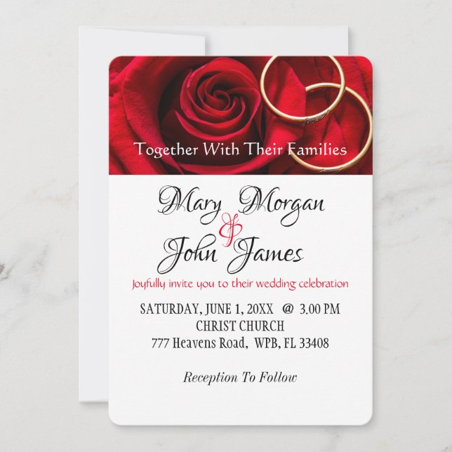 Floral Red Rose  with Ring  Wedding Invitation (Front)