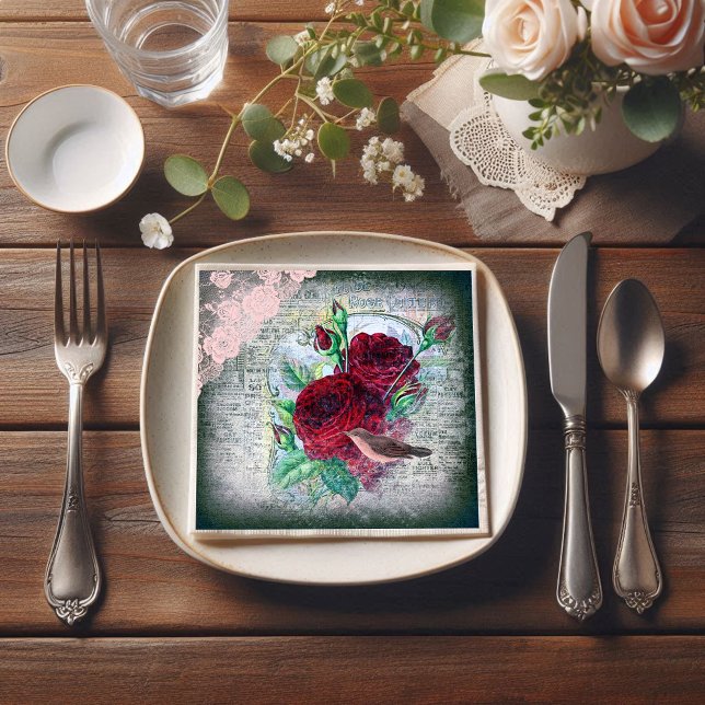 Floral Red Roses Finch Bird Ephemera Decoupage Napkin (Creator Uploaded)