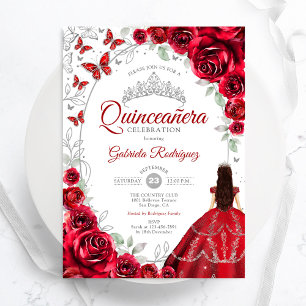Floral Red Silver Quinceanera Invitation