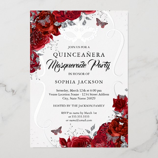 Floral Red Silver Scroll Masquerade Quinceanera (Front)