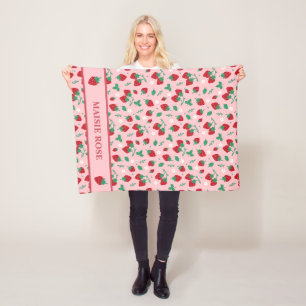 Floral Red Strawberry Pattern Personalised Fleece Blanket