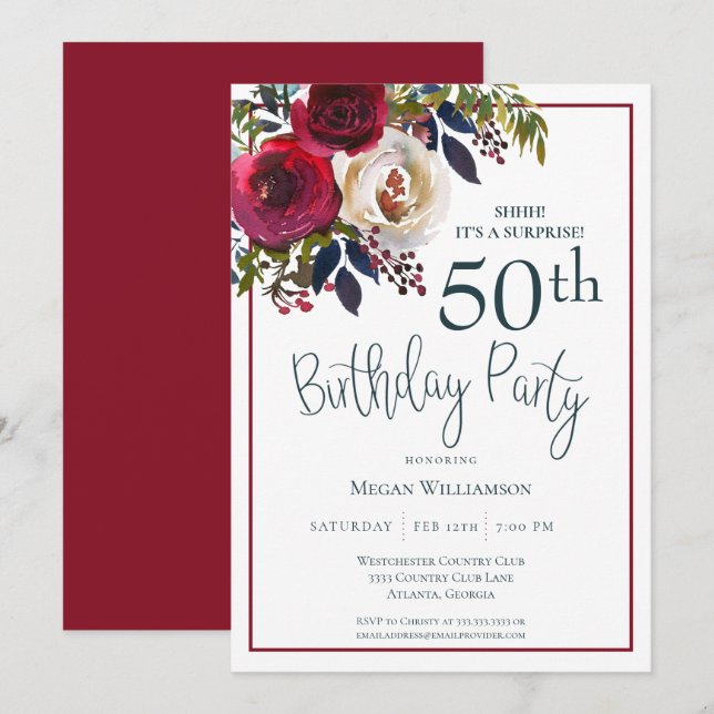 Floral Red Surprise 50th Birthday Party Invitation (Front/Back)