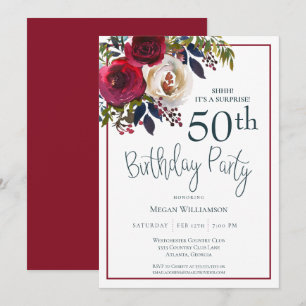 Floral Red Surprise 50th Birthday Party Invitation