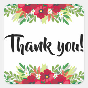 Floral Red Thank You Burgundy Flowers Black Square Sticker