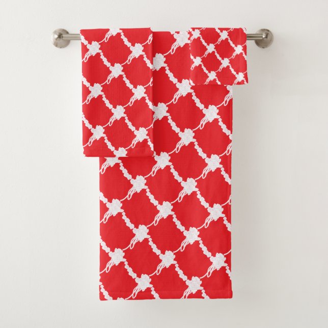  Floral Red Trellis Design Bath Towel Set (Insitu)