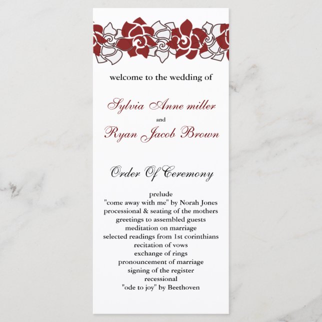 floral red Wedding program Programme (Front)