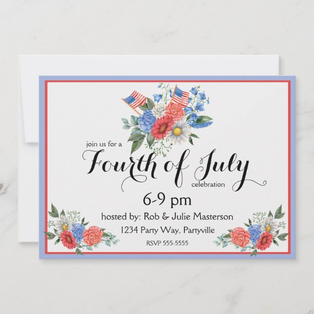 Floral Red White and Blue July 4th Invitation (Front)