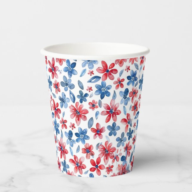 Floral Red White and Blue Paper Cup 4th July (Front)
