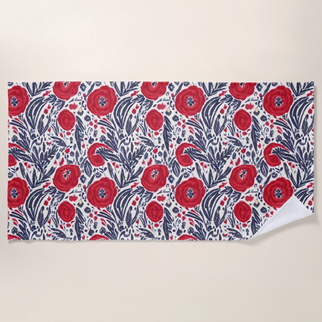 Floral Red White & Blue Botanical Poppies  Beach Towel (Front)